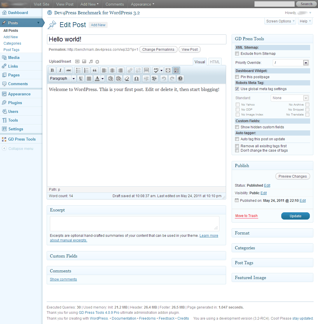 WordPress 3.2: Post Editor in blue WordPress 3.2: Post Editor in blue