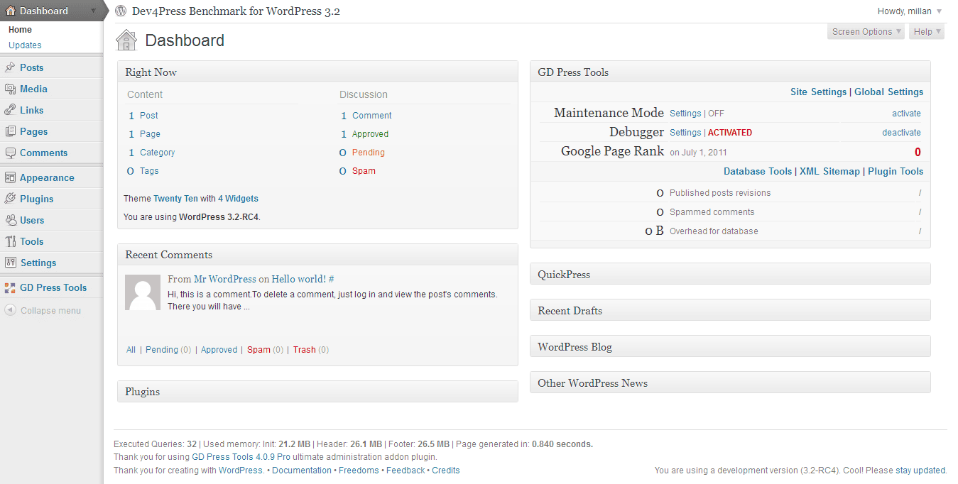 WordPress 3.2: Dashboard WordPress 3.2: Dashboard