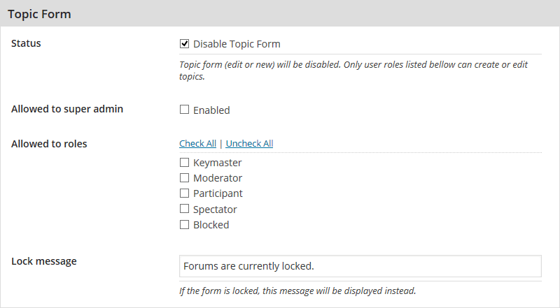 Lock Topic Form Settings