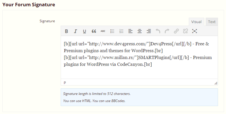 Signatures TinyMCE Editor