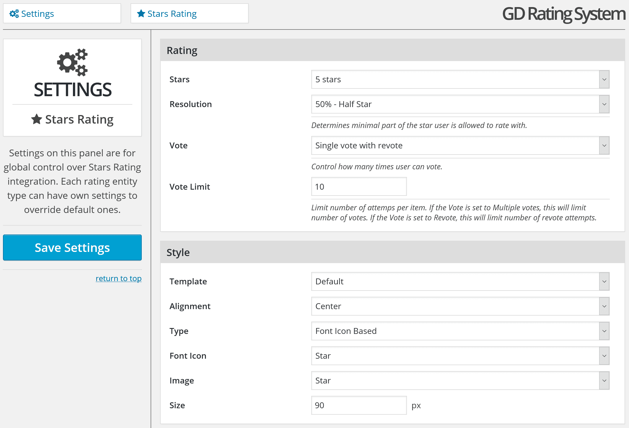 Settings panel example