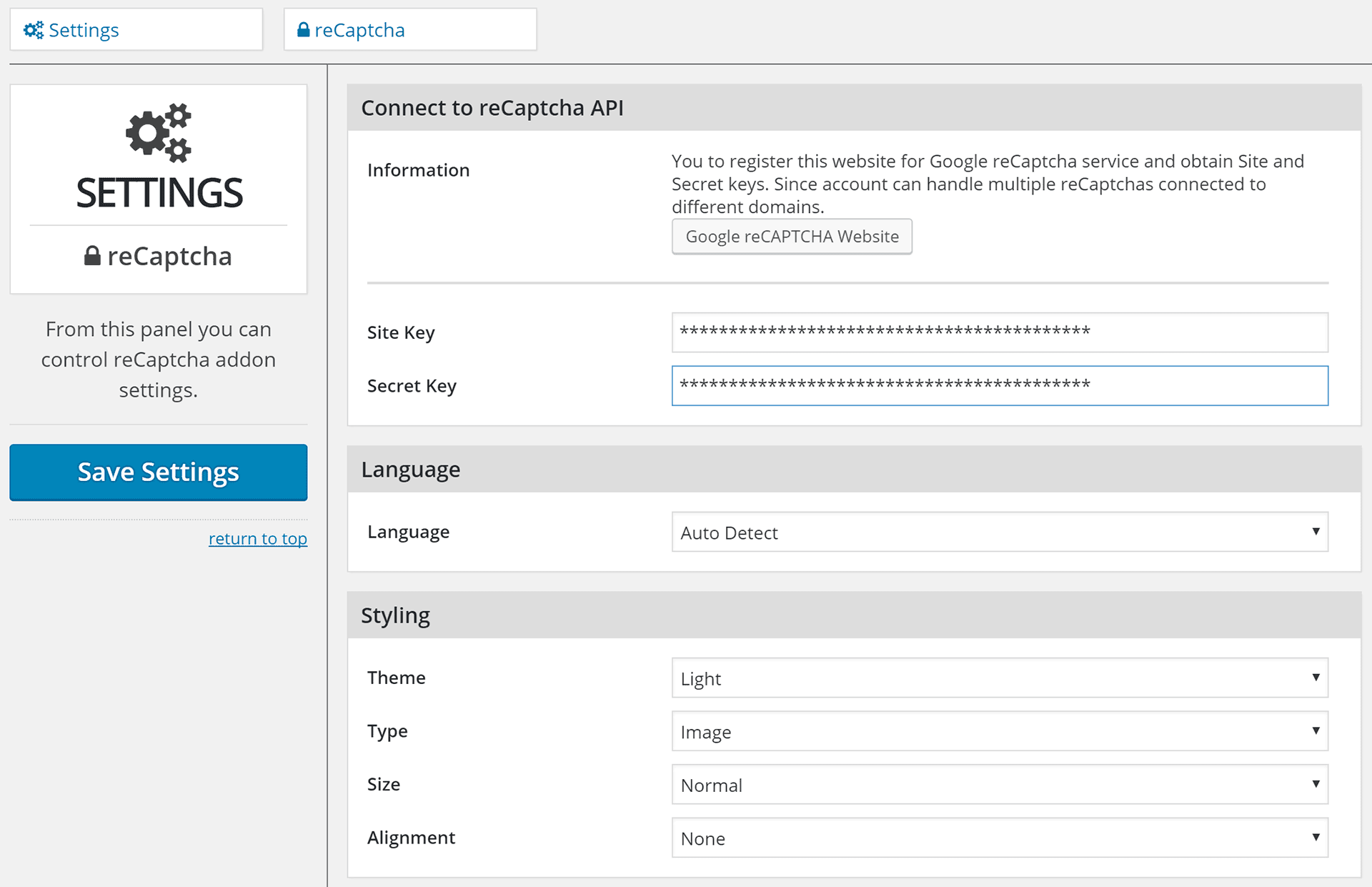 reCAPTCHA Settings