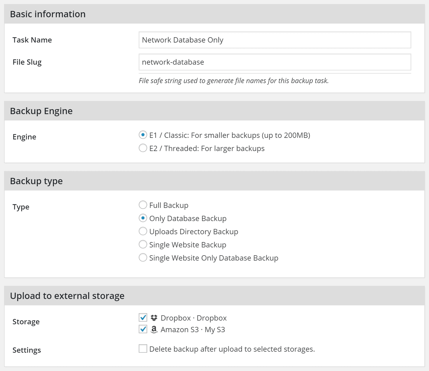 Backup task with engine selection