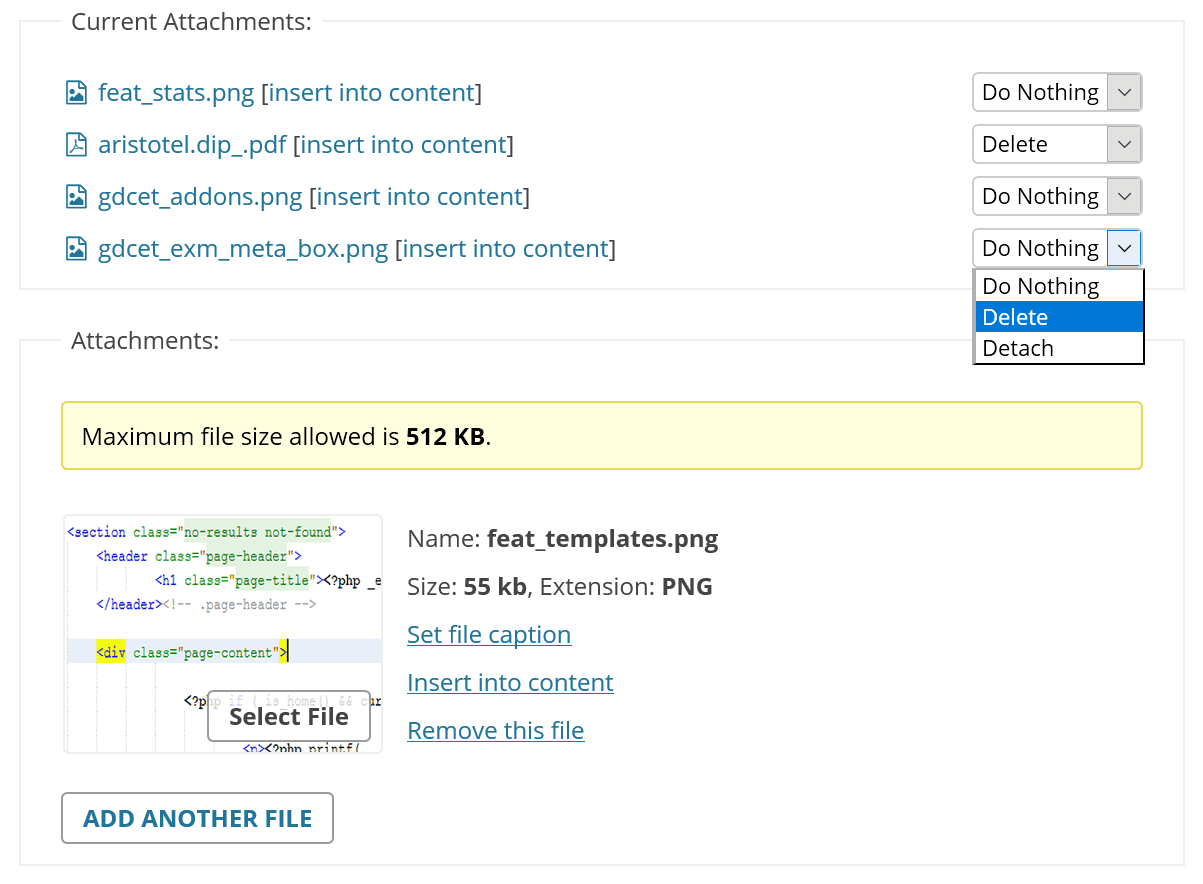 Attachments edit panel