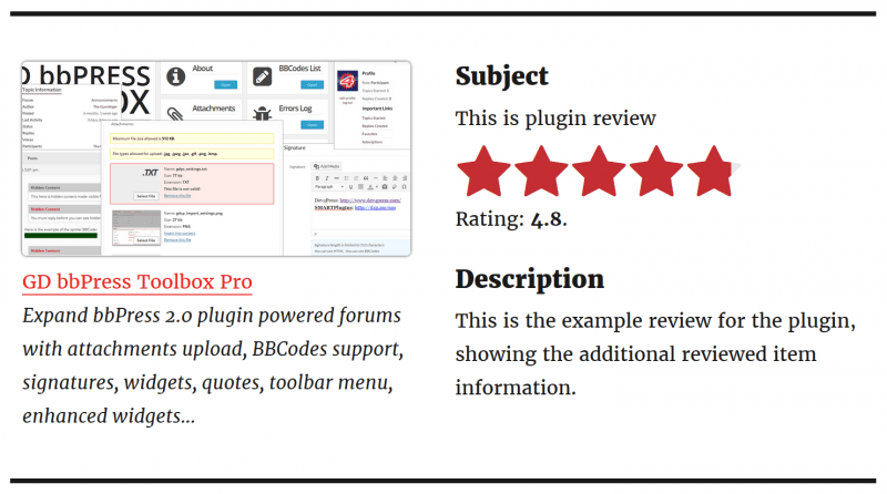 Review with full template showing reviewed item