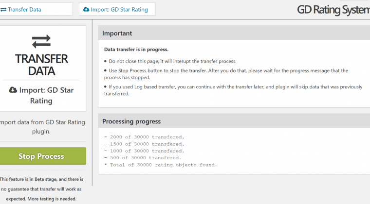 Transfer progress screen