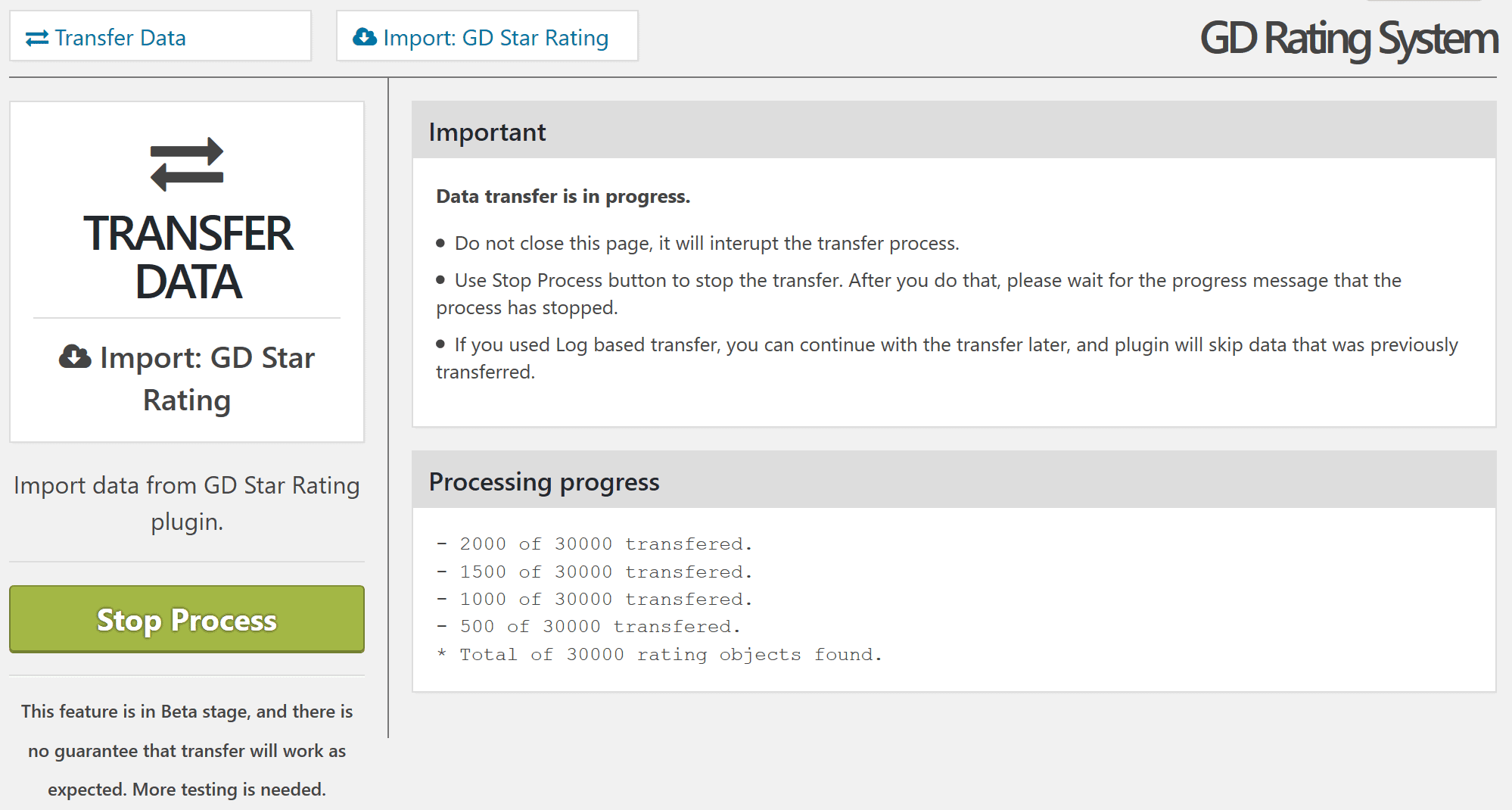 Transfer progress screen