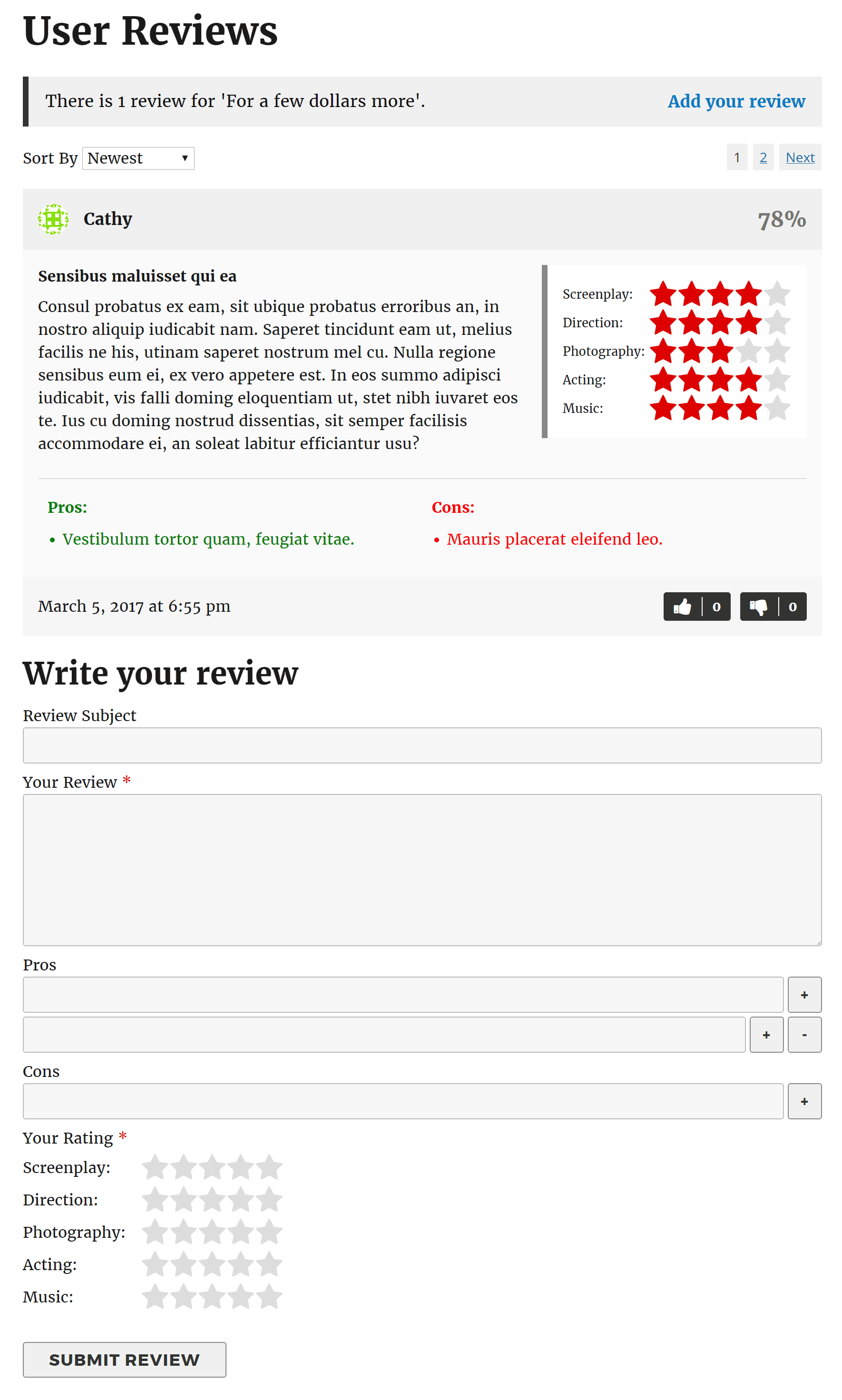 User reviews list and form