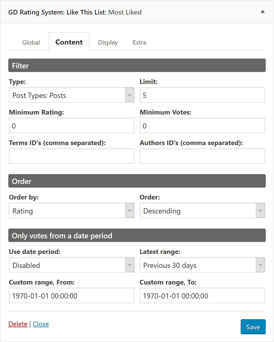 Widget with date period settings