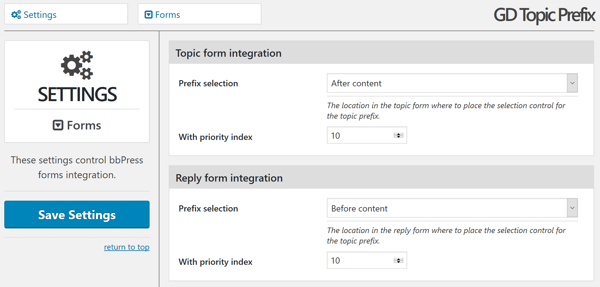 bbPress forms integration settings