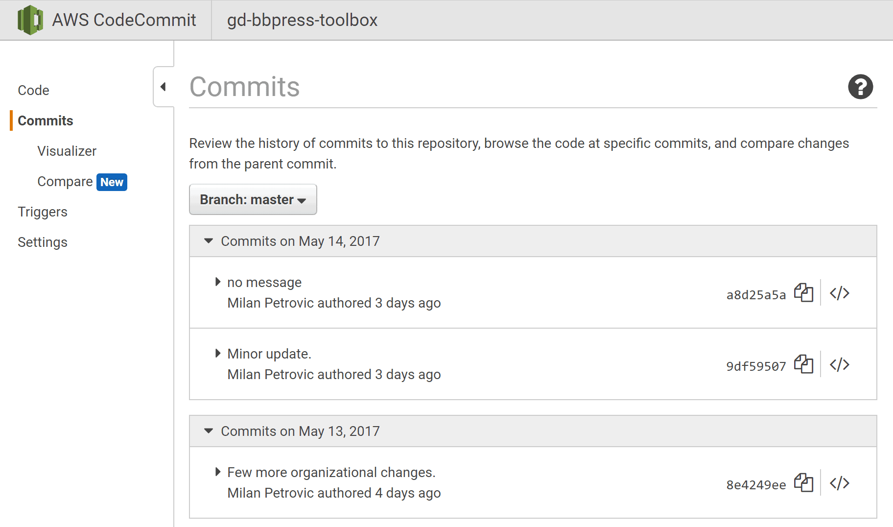 CodeCommit commits panel