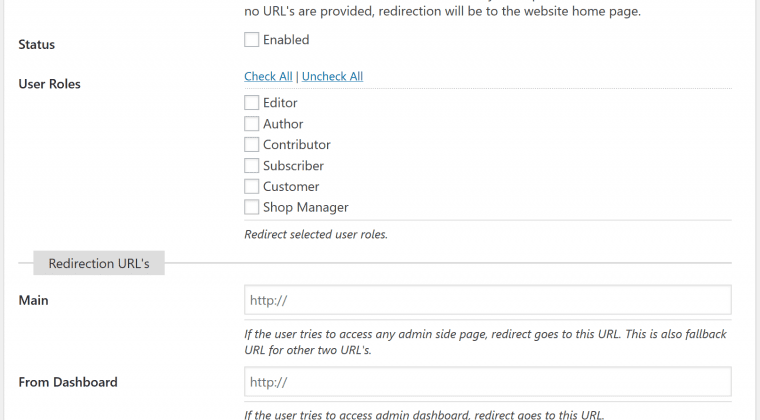 Administration Redirect Settings