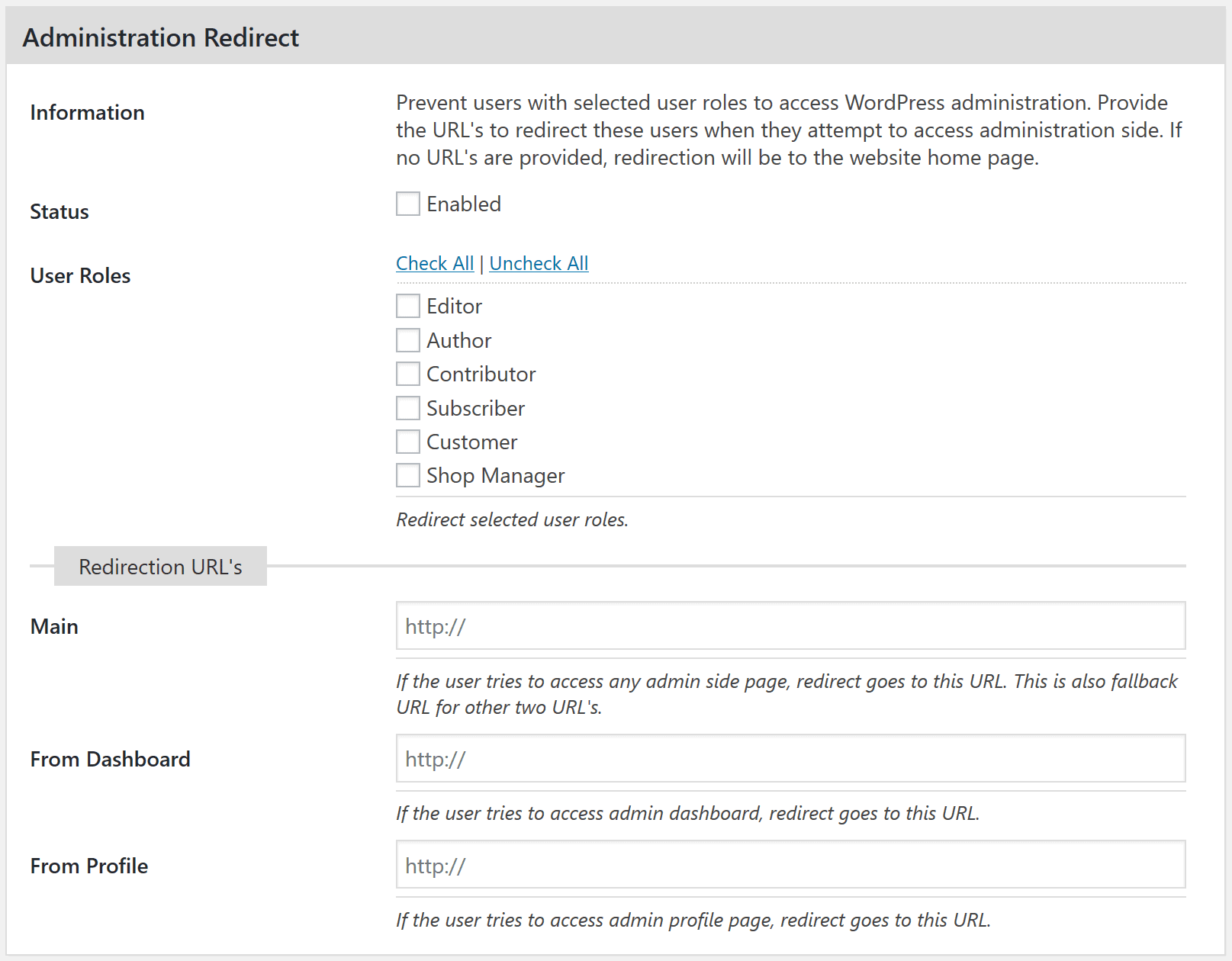 Administration Redirect Settings