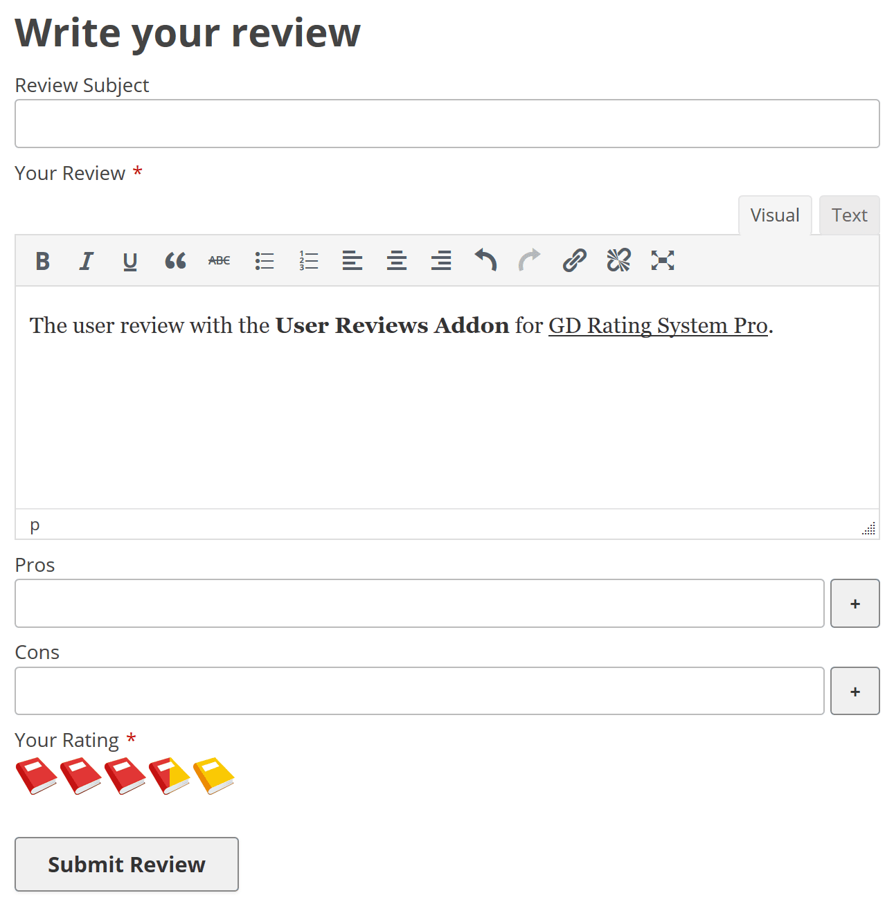 User review form with TinyMCE editor