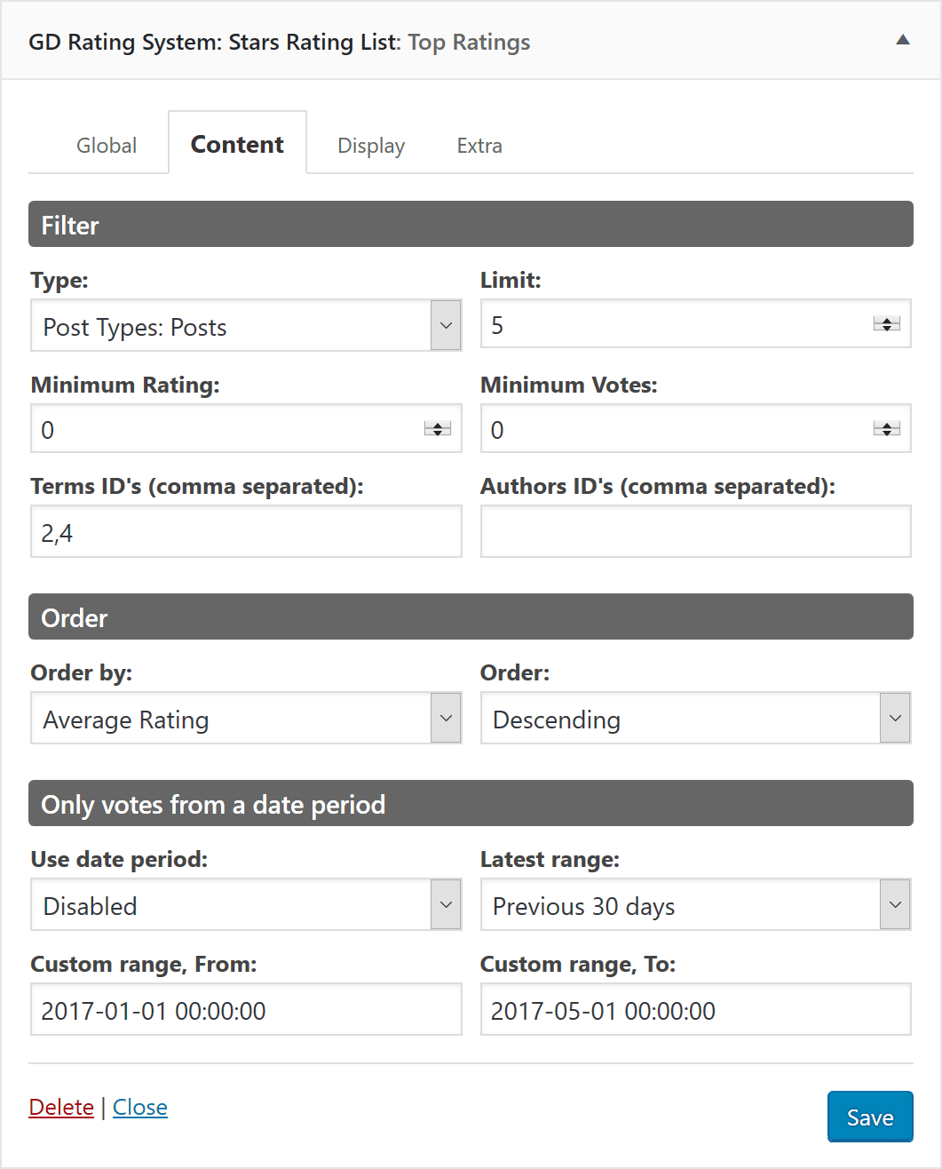 Widget controls for Results List