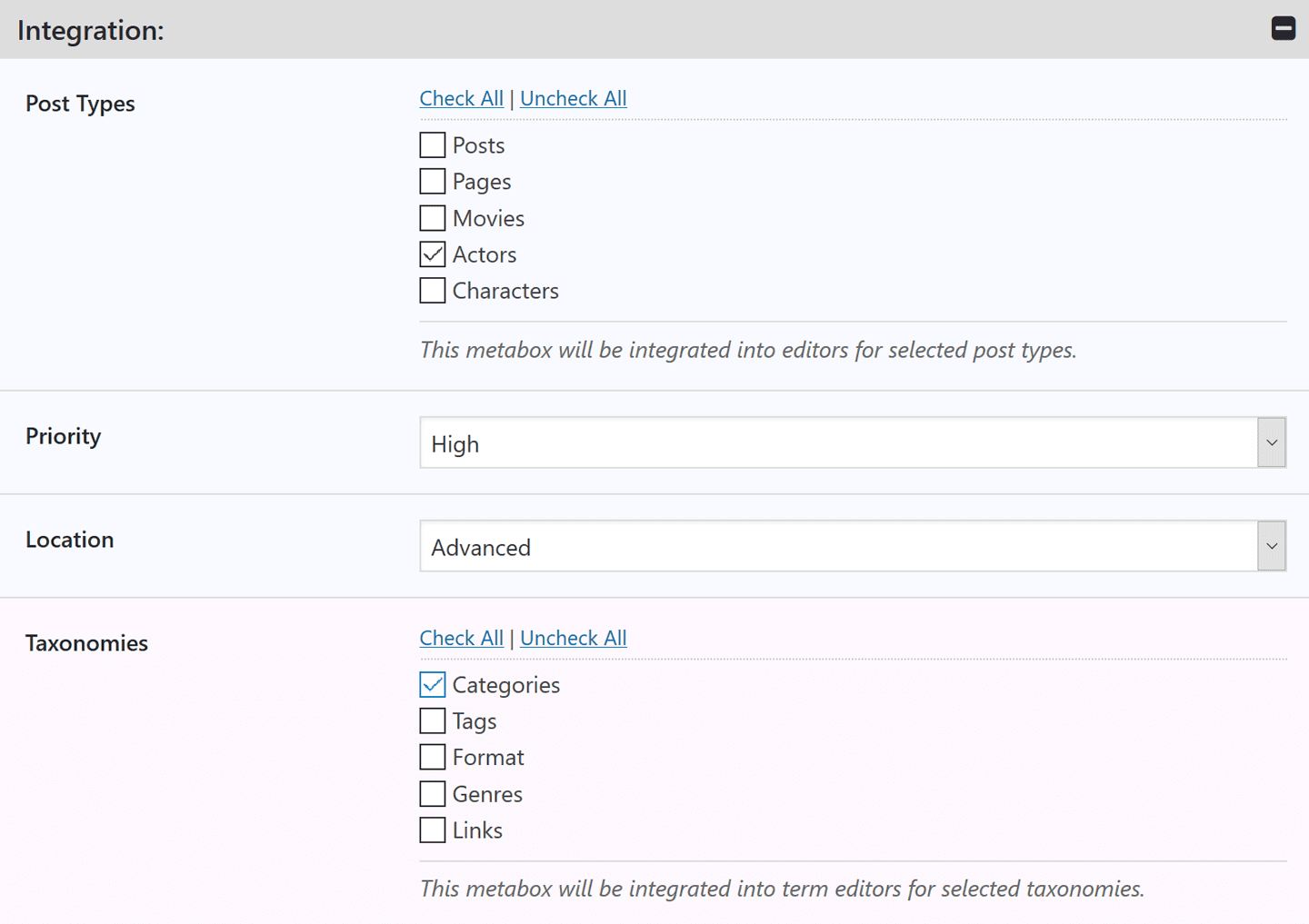 Metabox integration settings