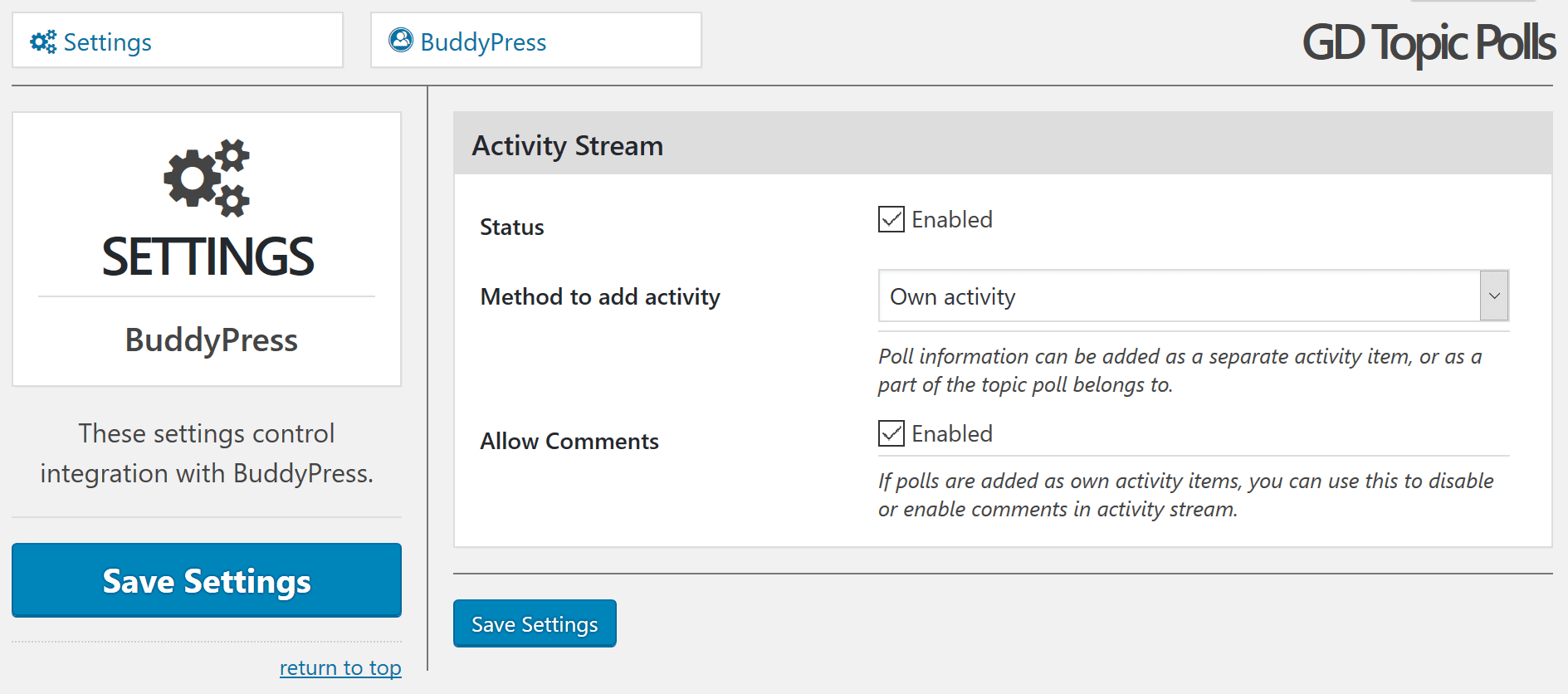 BuddyPress related settings