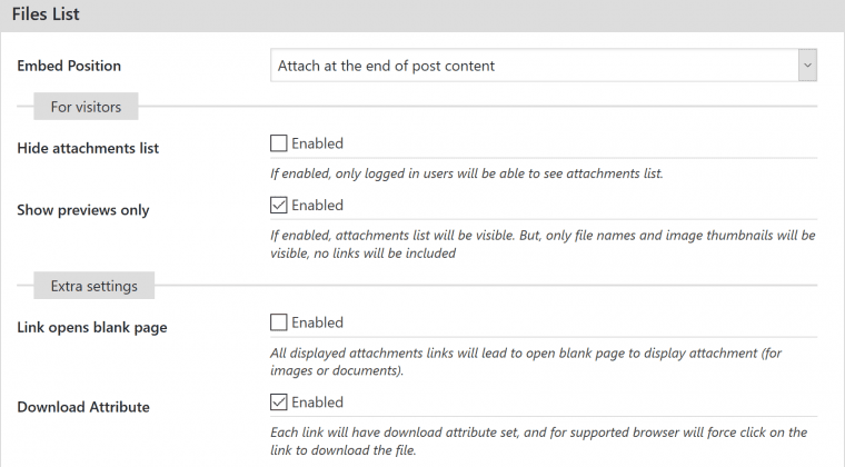 Attachments files list settings