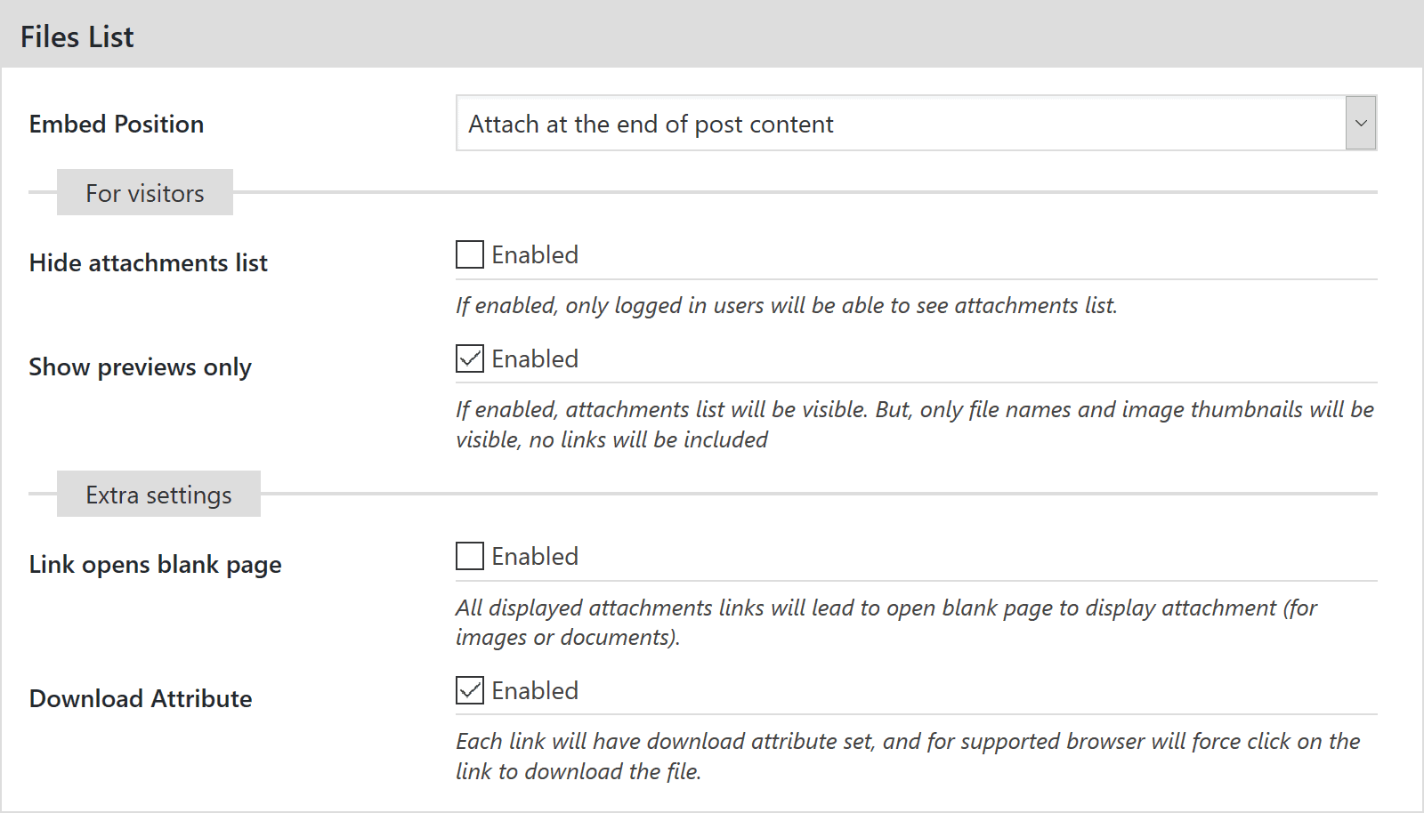Attachments files list settings