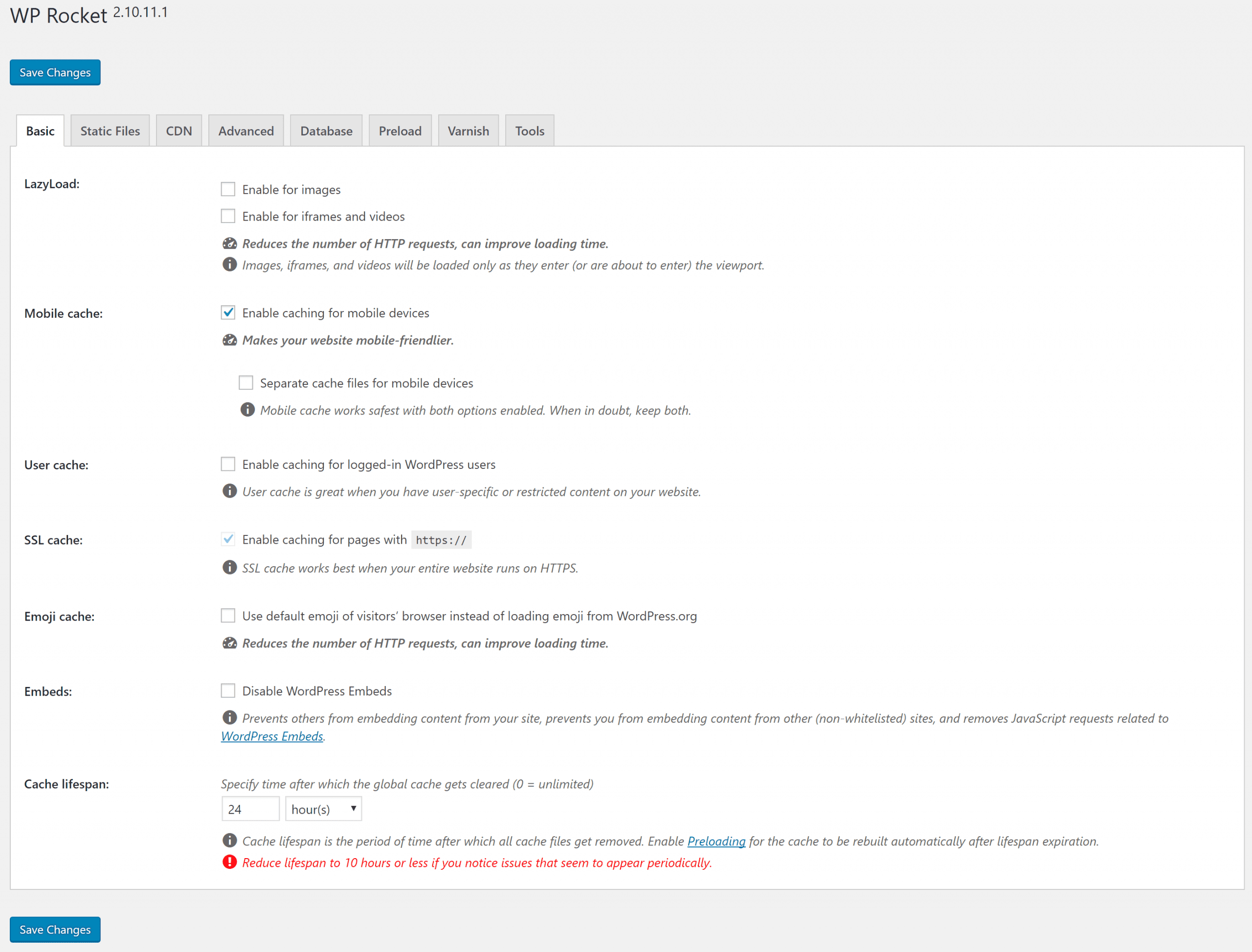WP Rocket Interface: Basic Settings