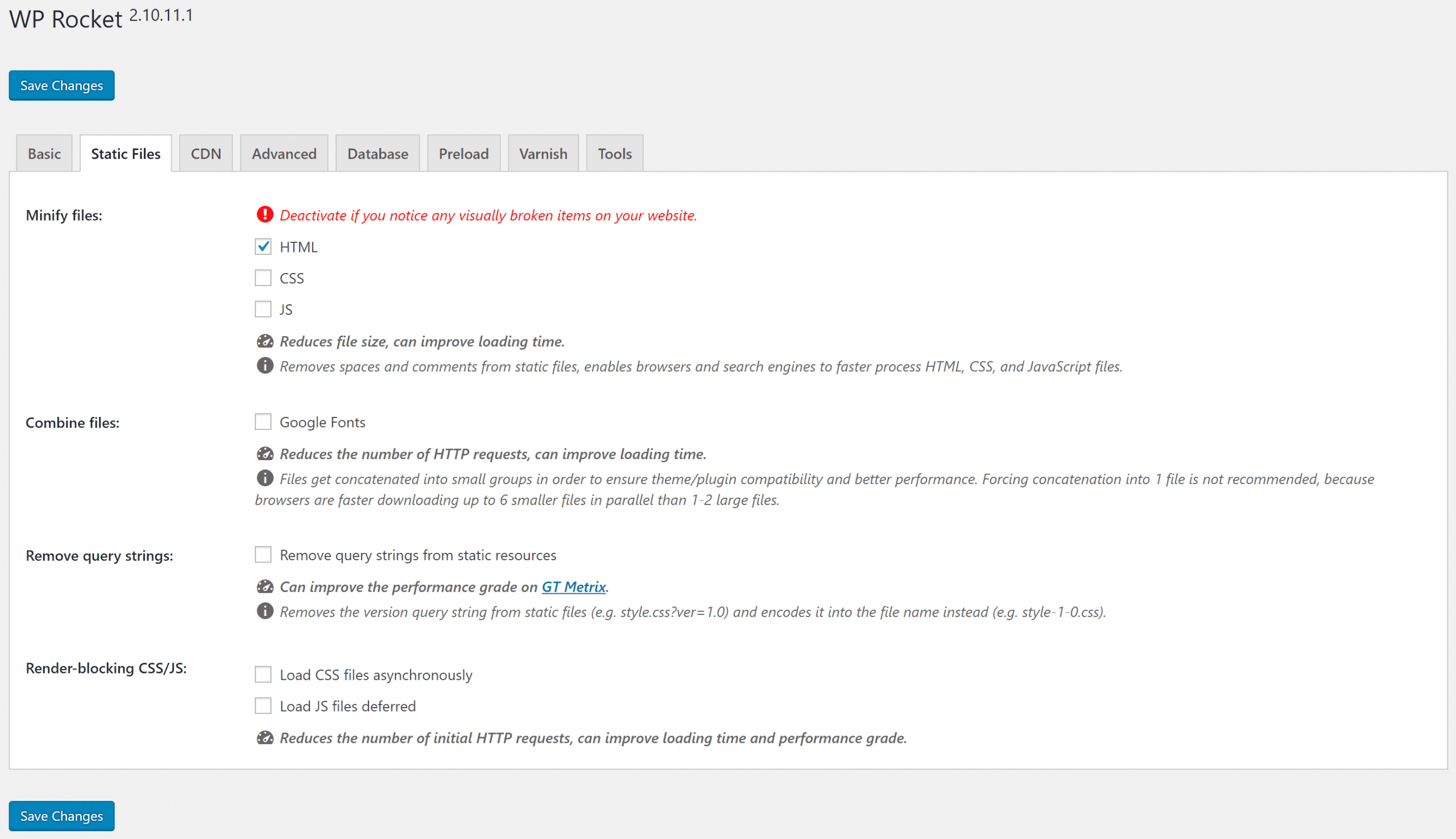 WP Rocket Interface: Static Files Settings