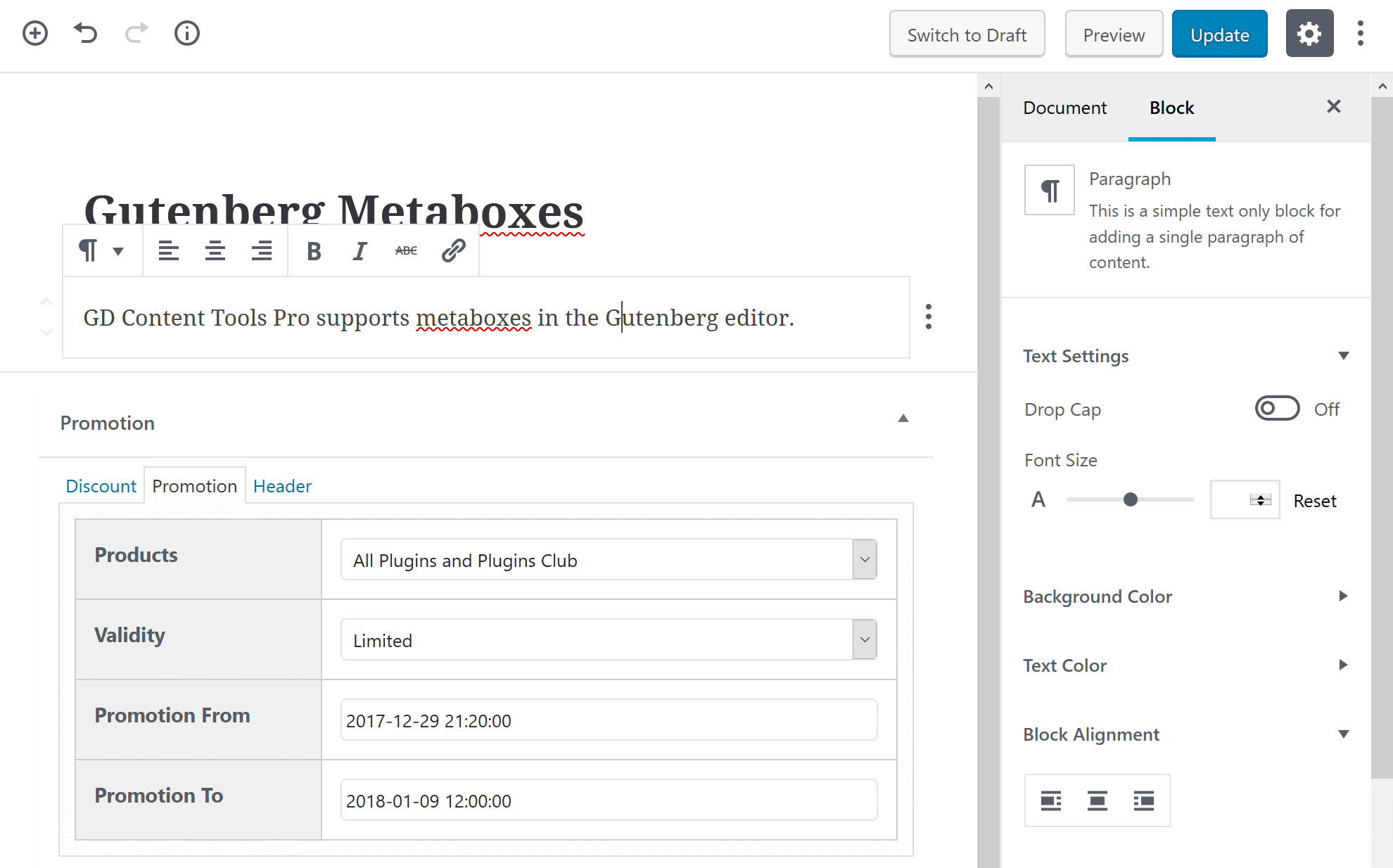 GD Content Tools Pro metabox in Gutenberg Editor