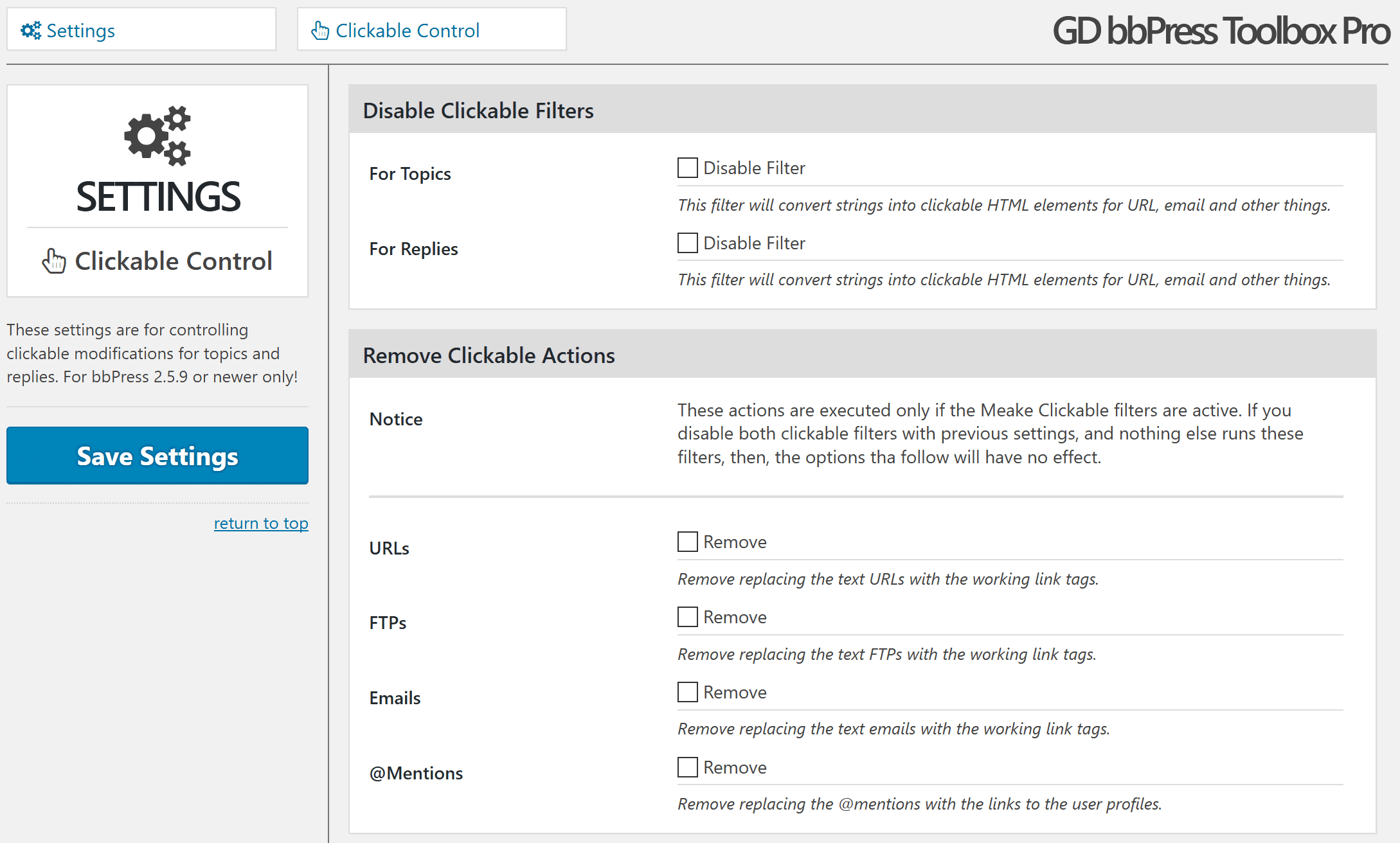 Clickable Control settings