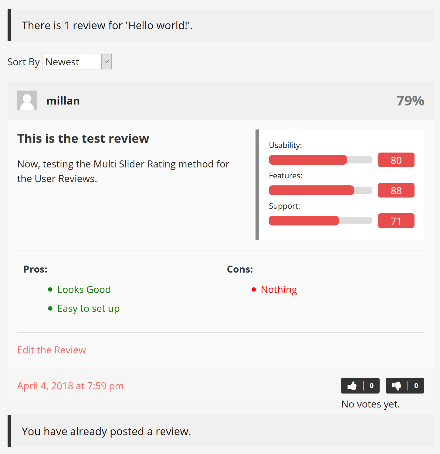 Review with multi rating slider
