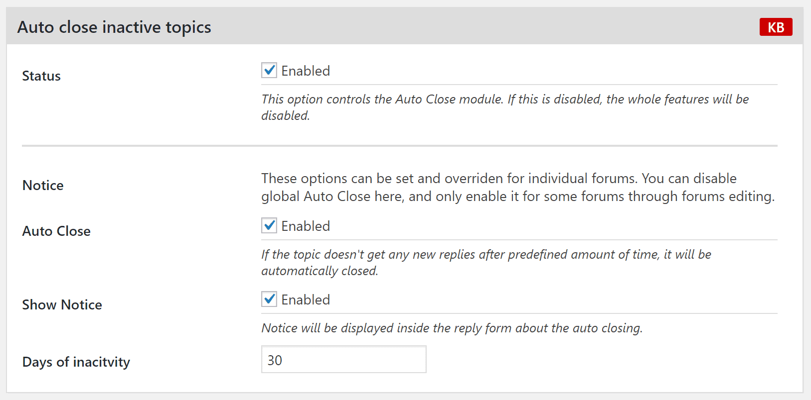 Global settings for topics Auto Close