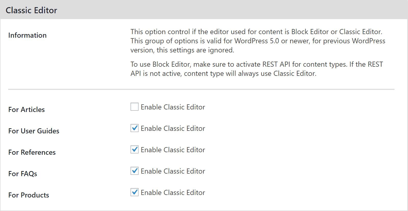 Classic Editor Settings