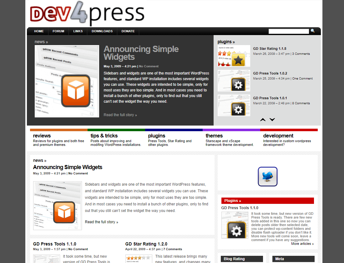 Dev4Press website in May 2009