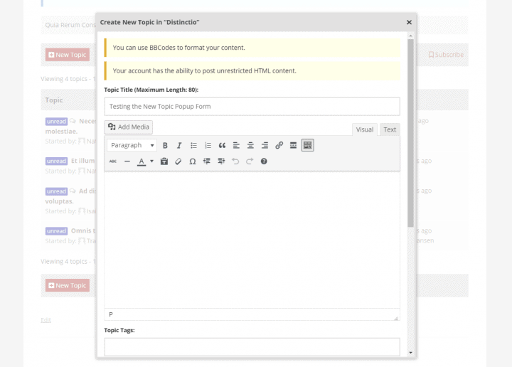 New topic as a popup