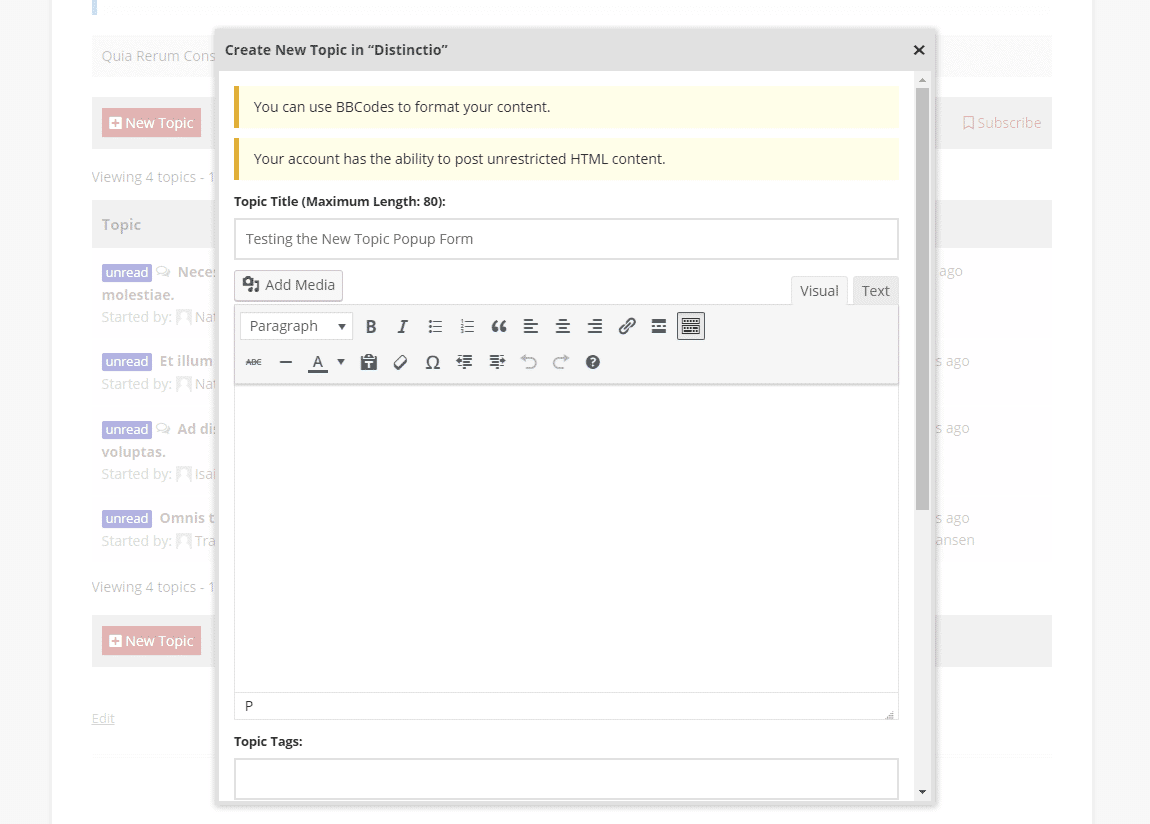New topic as a popup