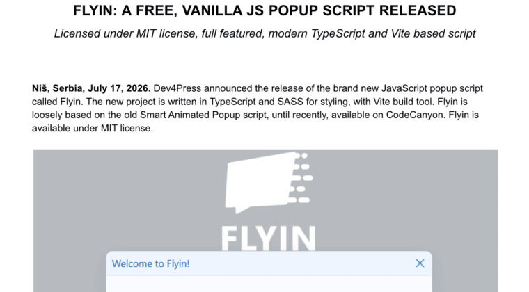 press release 2026 07 17 flyin a free vanilla js popup script released