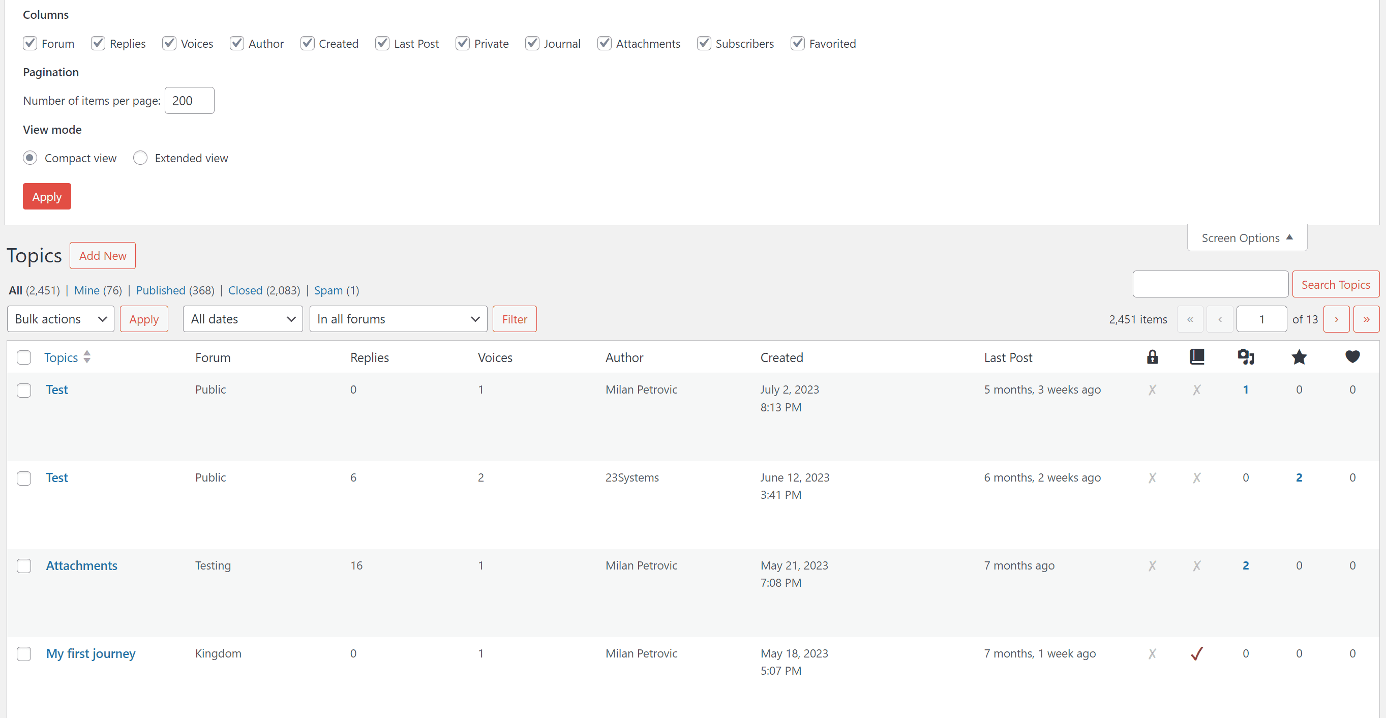 Admin Columns for Topics