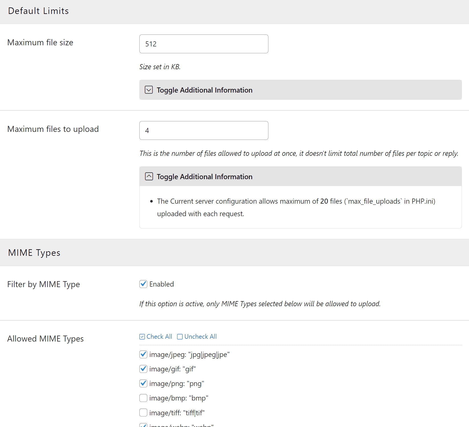 Upload limits Settings
