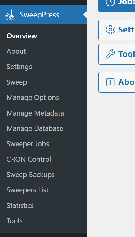 Admin Menu in SweepPress Pro